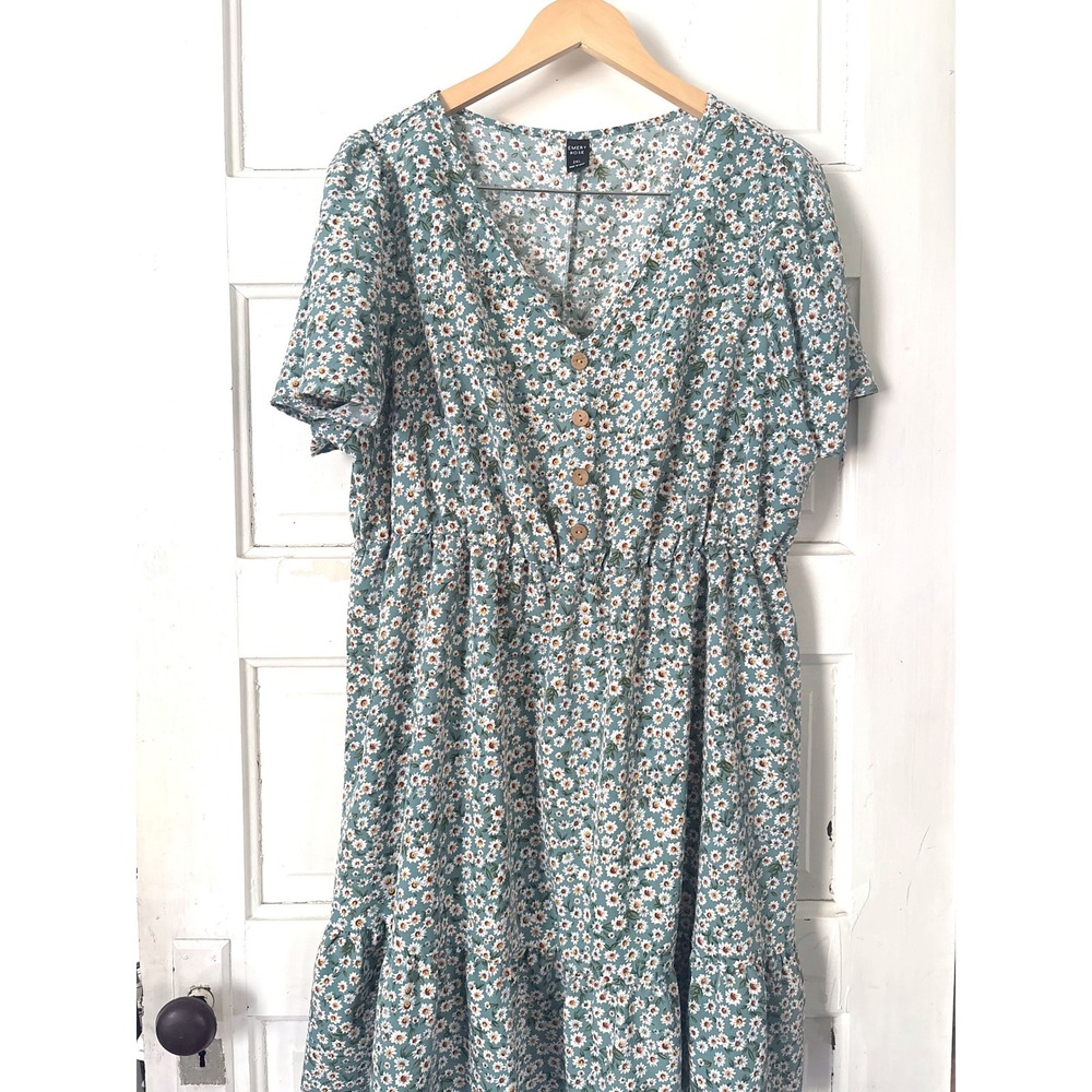 Emery Rose Blue Daisy Floral Dress 2XL V-Neck Wooden Buttons Cottagecore Boho
